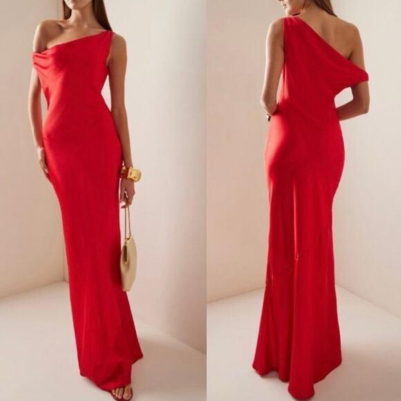 STAUD Dresses & Skirts - Staud Ashanti One Shoulder Draped Satin Maxi Dress In Red Medium NWT